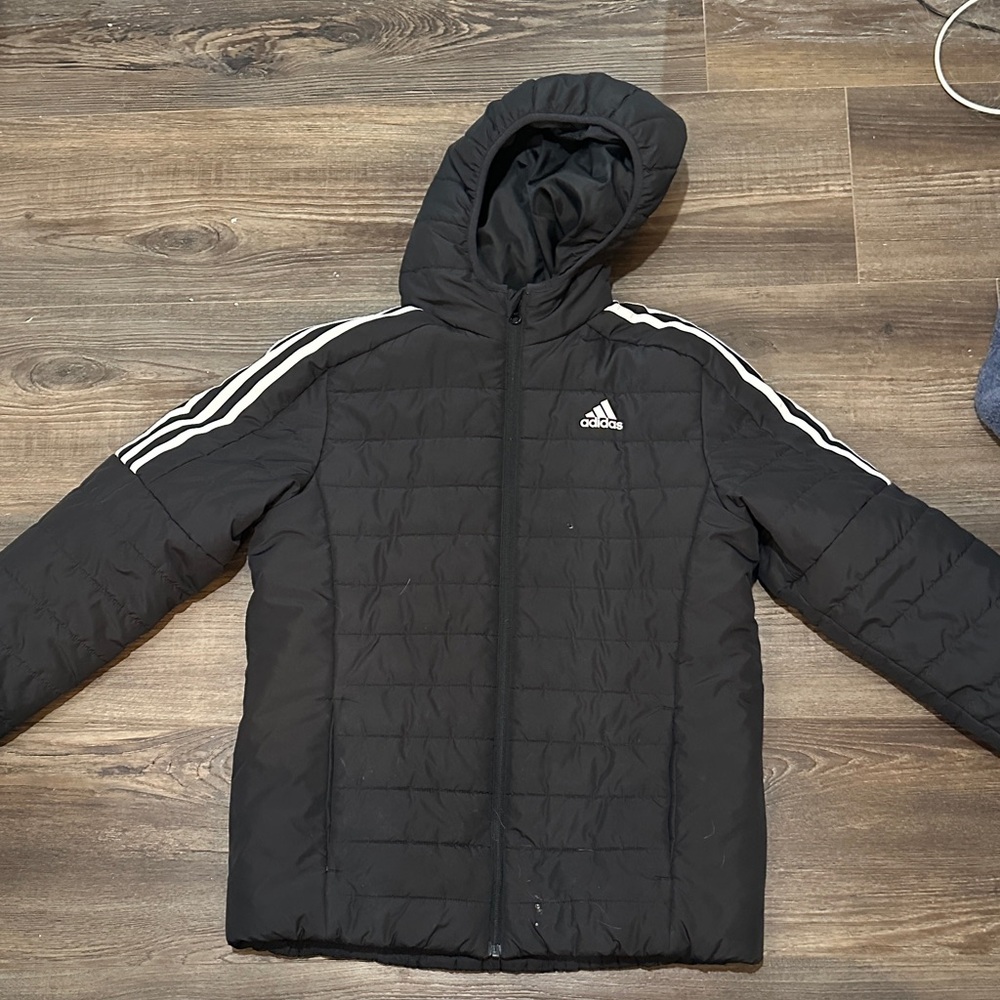 Adidas Kids Black Puffer Jacket with White Stripes